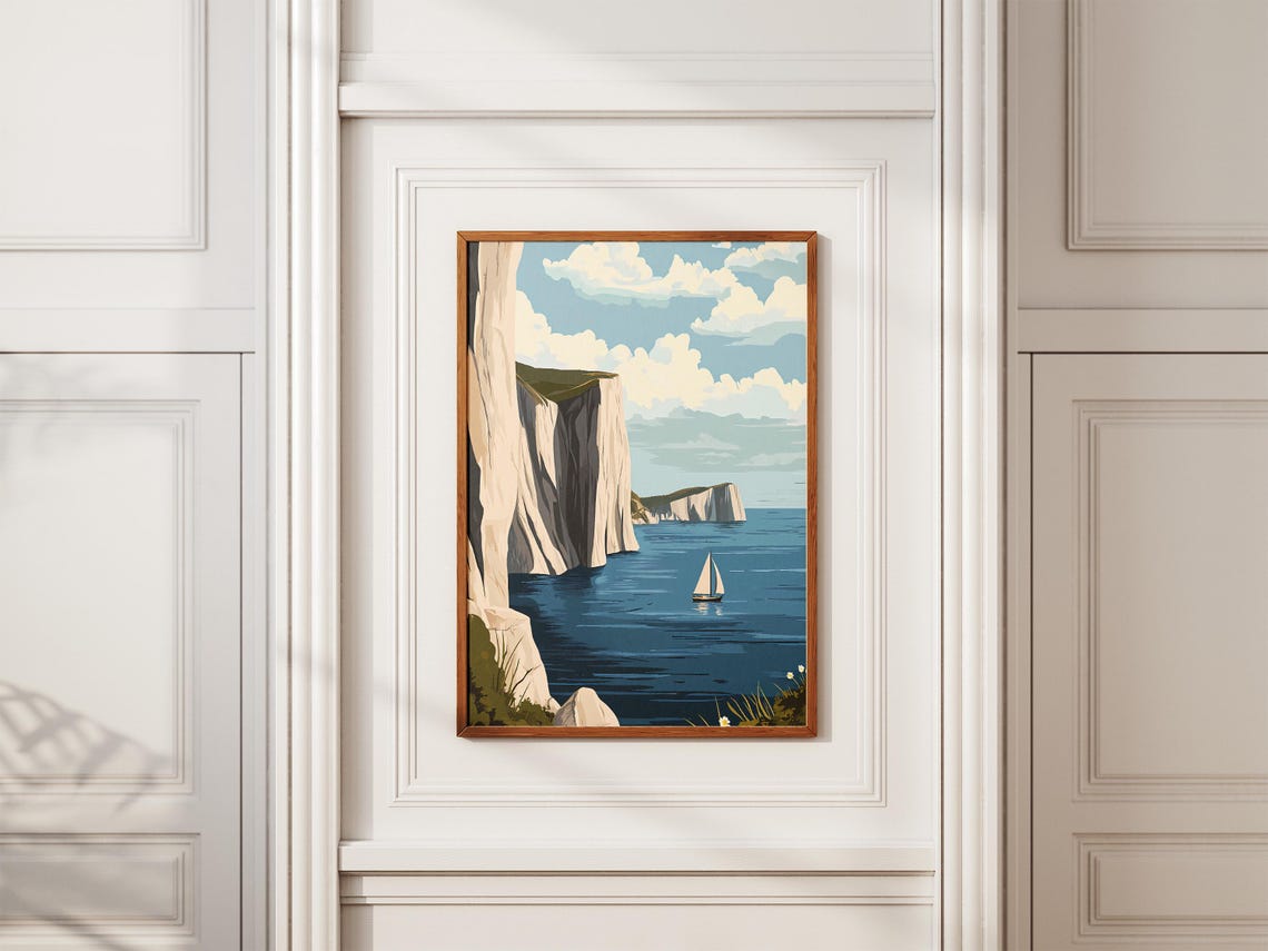 White Chalk Cliffs Sailboat Blue Sea Coastal Landscape Poster - Image 2