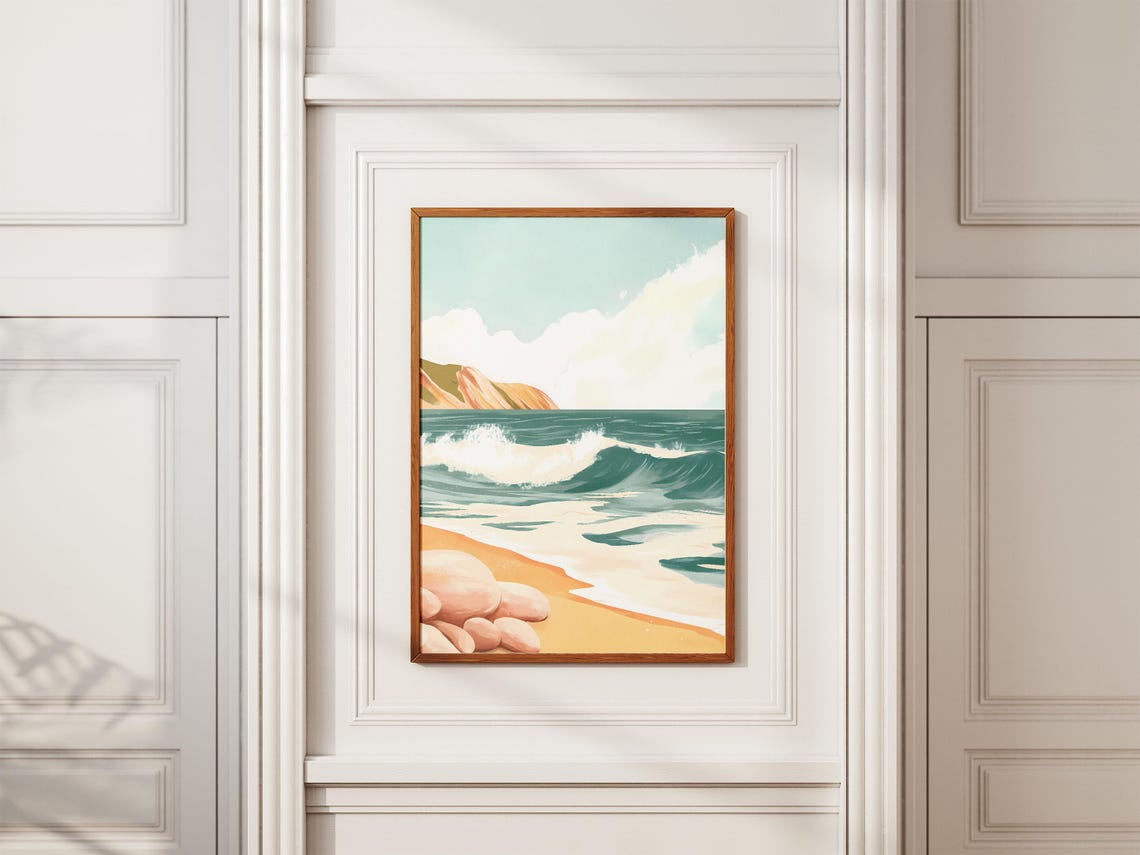 Pebble Shore Rolling Teal Waves Distant Headland Beach Art Poster - Image 2