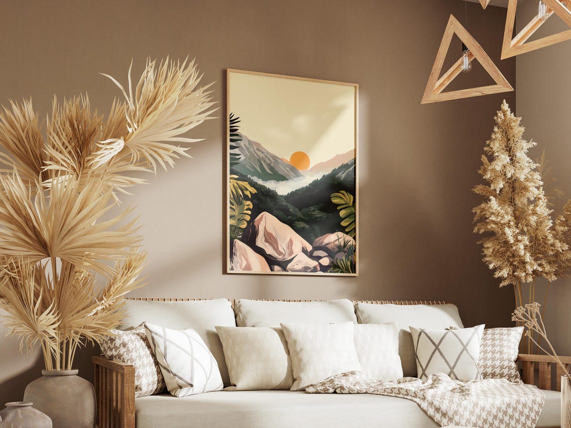 Golden Sunrise Misty Mountain Valley Pine Forest Illustration Poster - Image 3