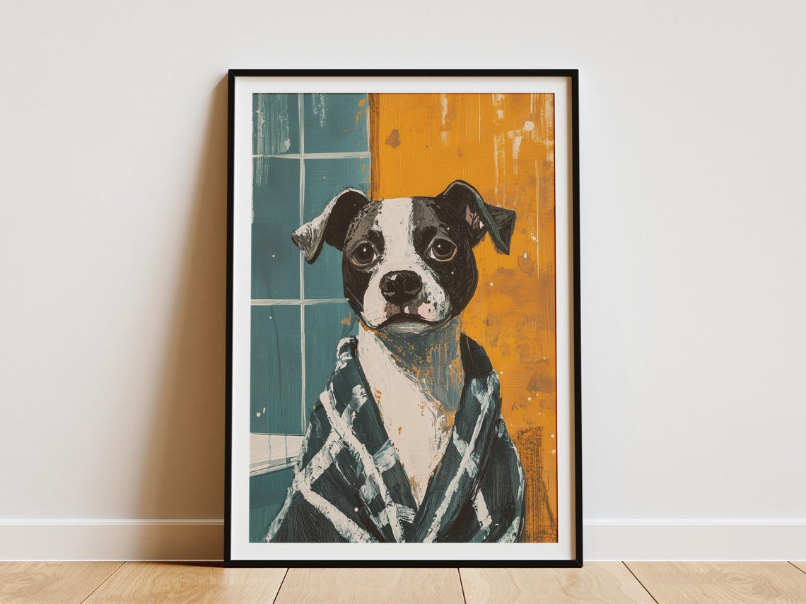 Staffy Puppy in Plaid Bathrobe Teal Orange Tile Bathroom Poster