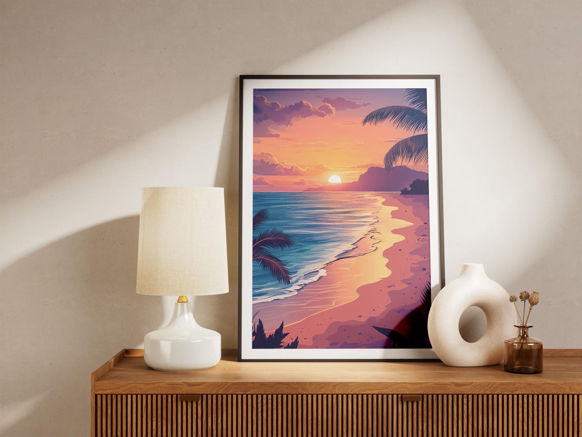 Pink Orange Sunset Beach Palms Ocean Waves Illustration Poster - Image 5