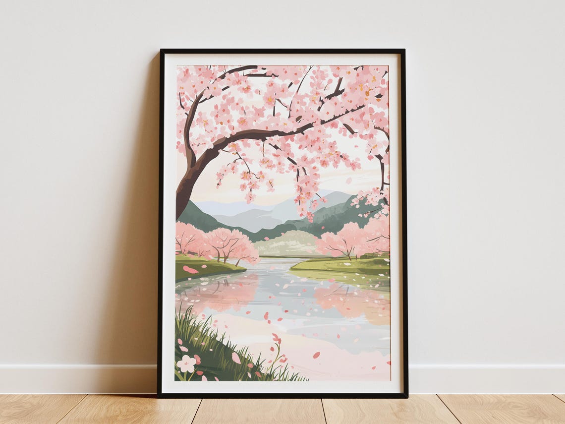 Pink Cherry Blossoms Over a Calm River Poster Mountain Spring View