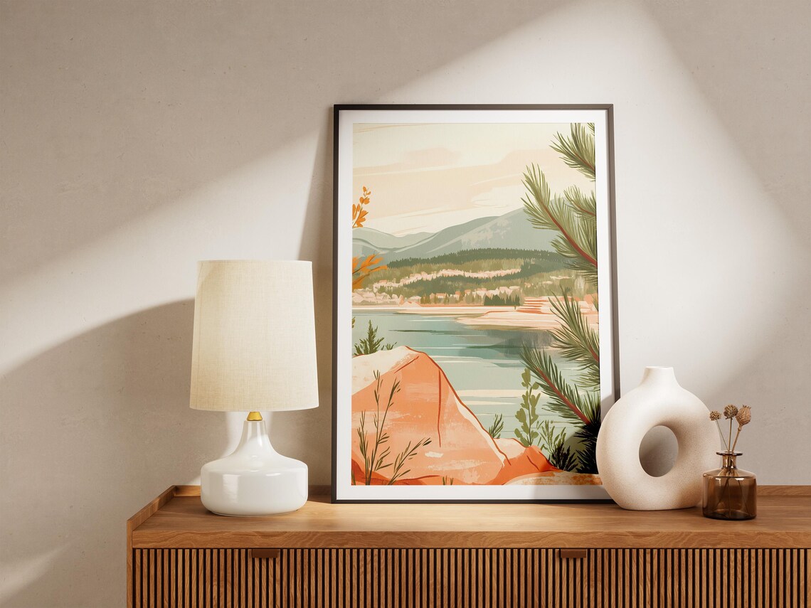 Rocky Shore Calm Lake Warm Mountain Vista Landscape Scene Poster - Image 5