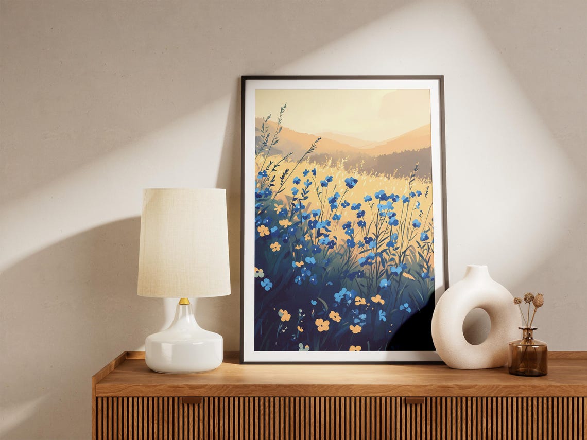 Blue Forget Me Not Golden Meadow Sunlit Flower Field Scenic Poster - Image 5