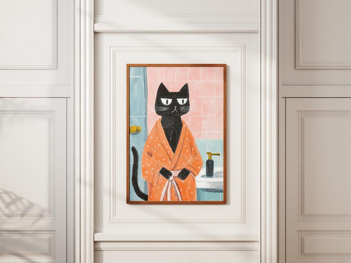 Black Cat in Orange Polka Dot Bathrobe Quirky Bathroom Art Poster - Image 2