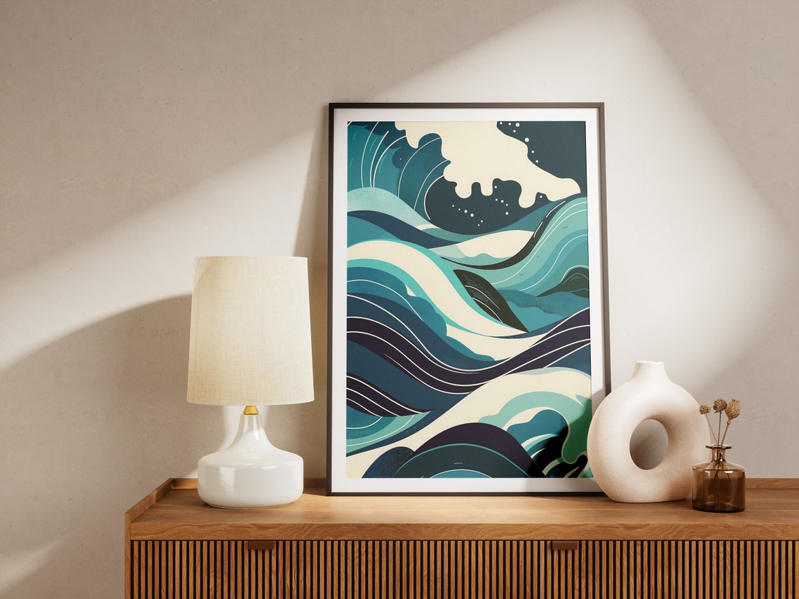 Abstract Teal Ocean Waves Minimalist Coastal Seascape Art Poster - Image 2