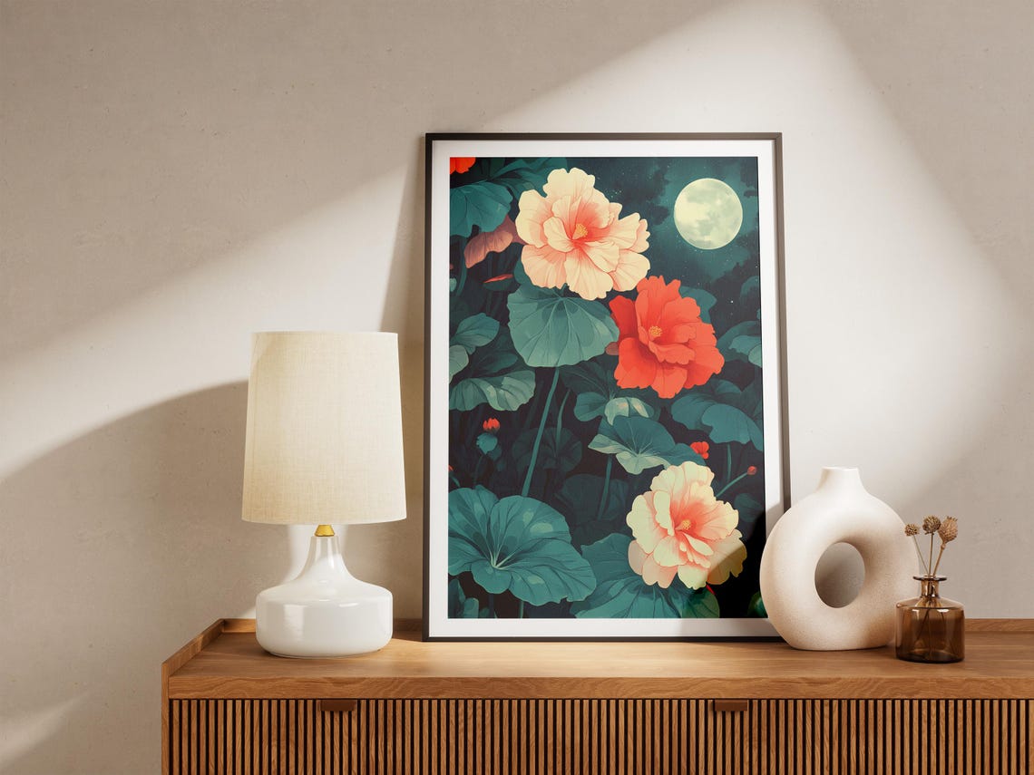 Peach Red Begonia Blooms Under a Full Moon Night Garden Poster - Image 5