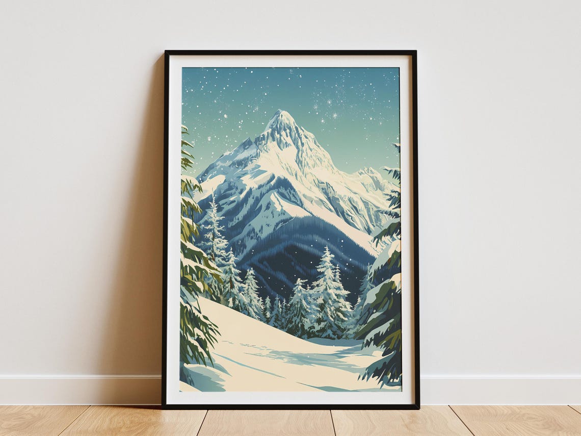 North Cascades Snowy Peak Under a Pale Starry Sky Winter Poster
