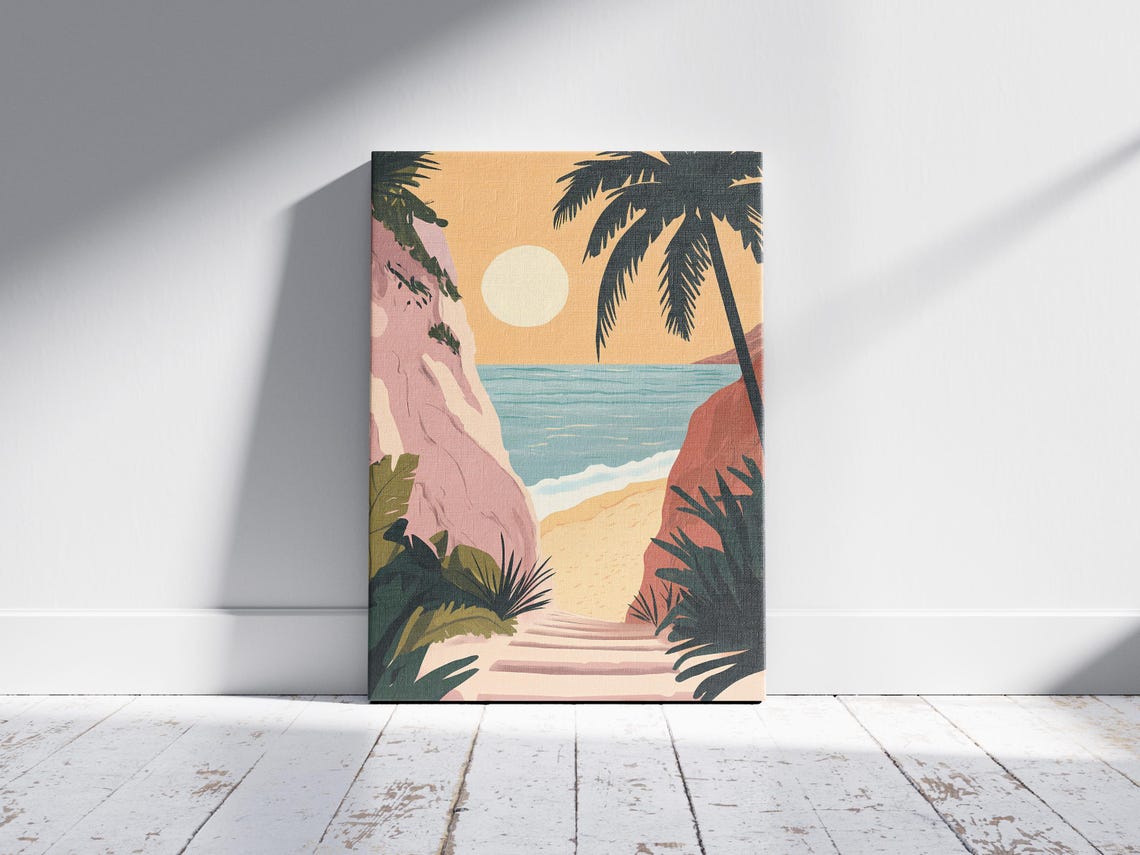 Secret Stone Stairs to Sunset Beach Cliffs Palms Coastal Wall Art - Image 2