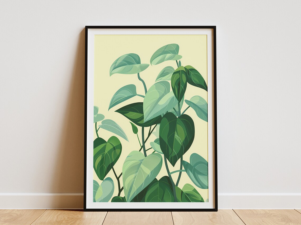 Green Heart Leaves Minimalist Botanical Pale Yellow Nature Poster