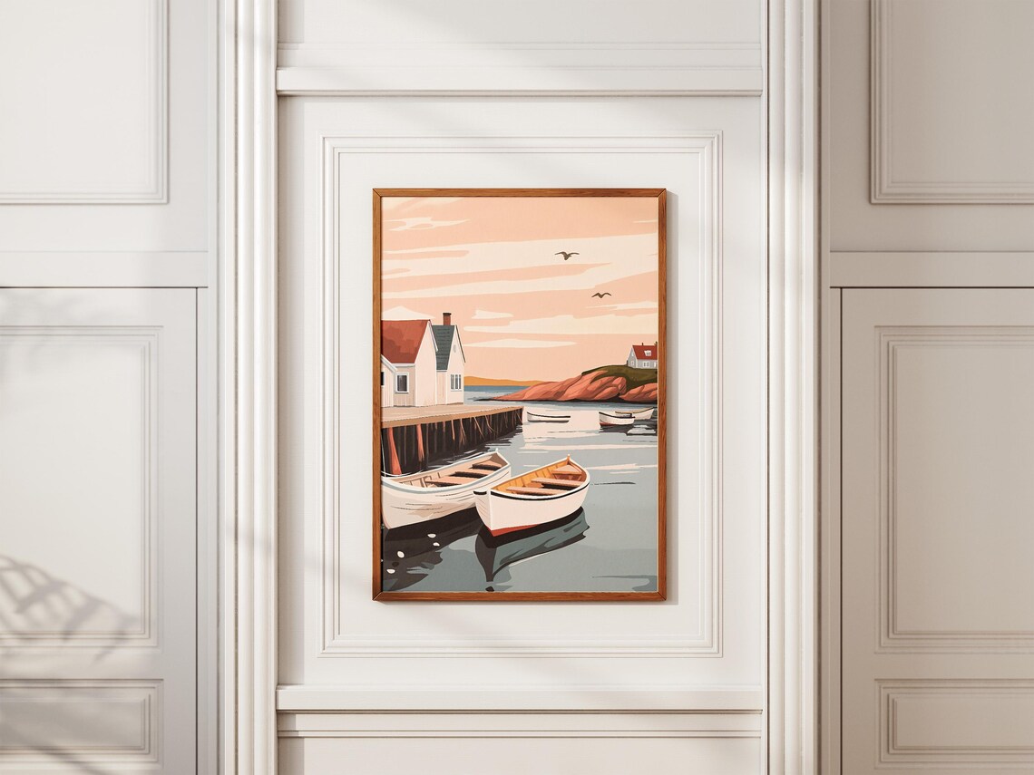 Scandinavian Harbor Wooden Boats Sunset Coastal Illustration Poster - Image 2