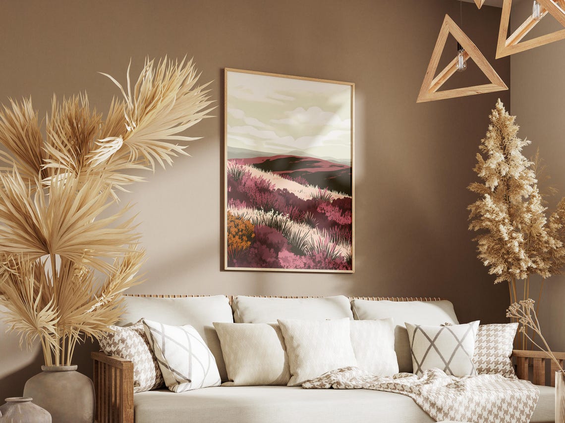 Mauve Heather Moorland Hills Quiet Serene Calm Landscape Poster - Image 3