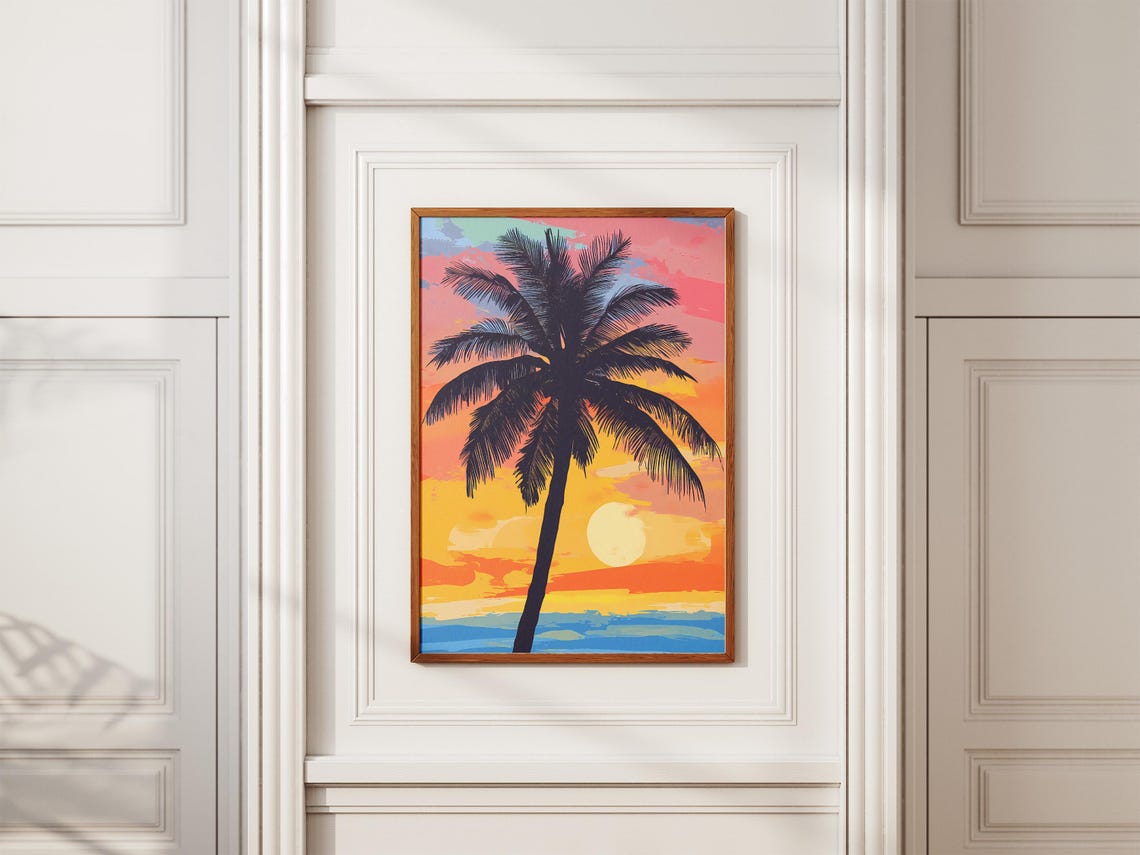 Palm Tree Sunset Silhouette Tropical Beach Ocean Art Sunny Poster - Image 2