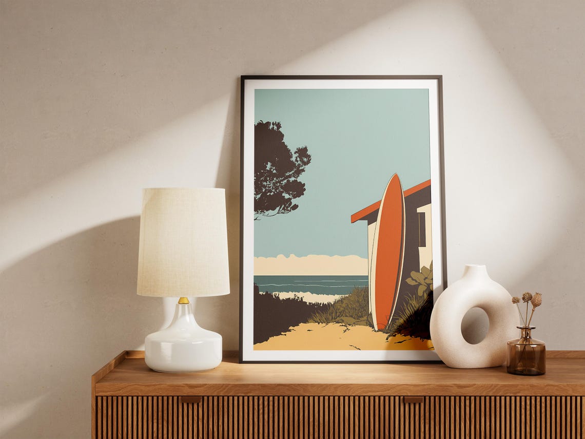 Beach Shack with Orange Surfboard Retro Minimalist Surf Poster - Image 5