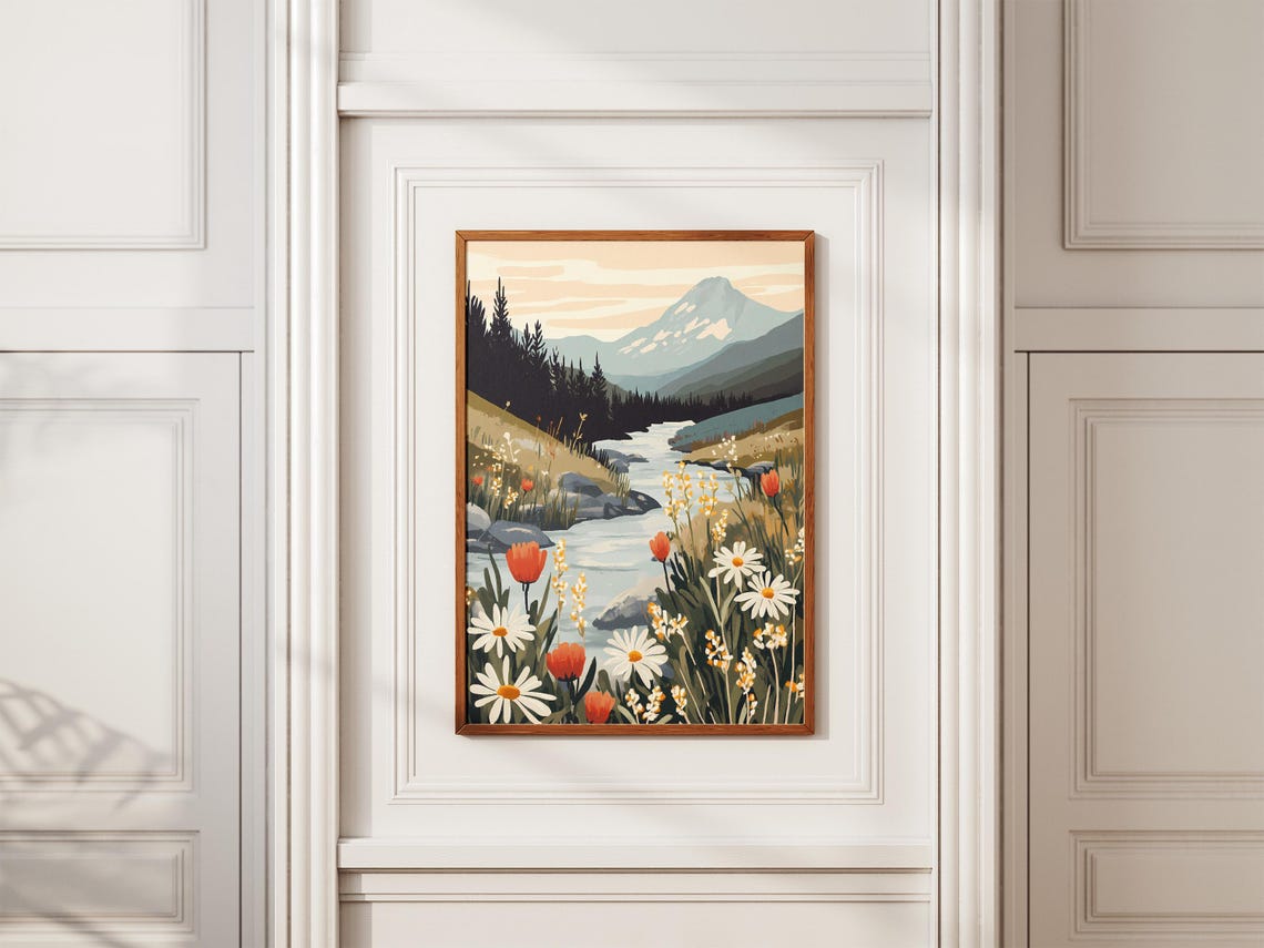 Mountain Stream With Daisies and Tulips Poster With Alpine View - Image 2