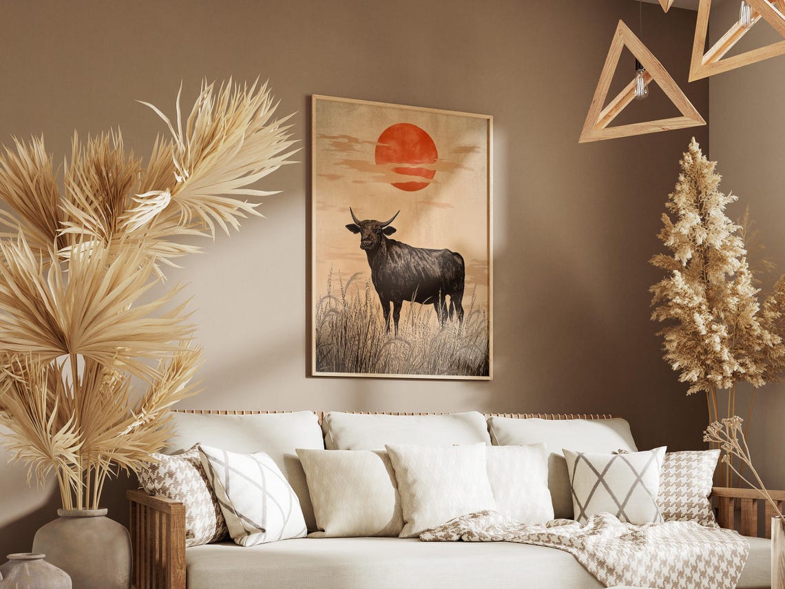 Ox In Rice Field Poster Sunrise Art Print Asian Landscape Wall Decor Farmhouse Animal Illustration Japanese Style Art Print Farmhouse Decor - Image 3