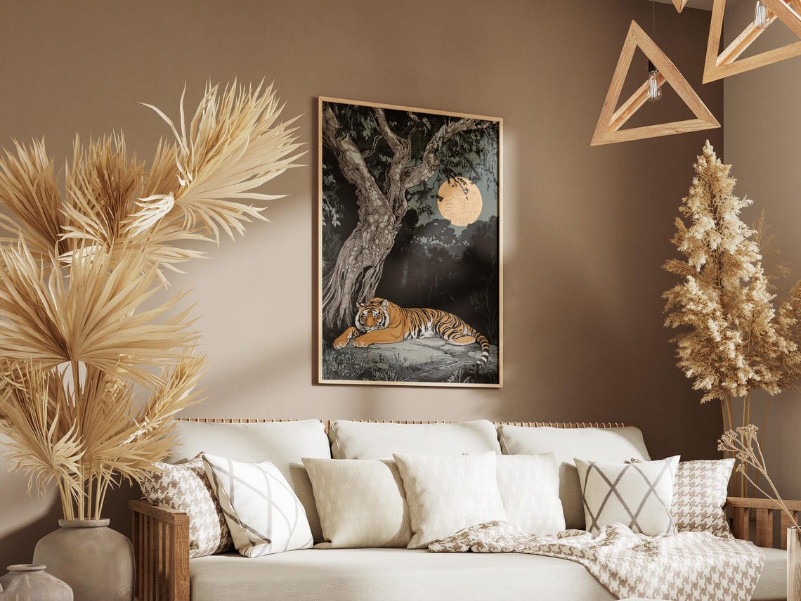 Tiger Resting Under Banyan Tree in Moonlight Jungle Art Poster - Image 3