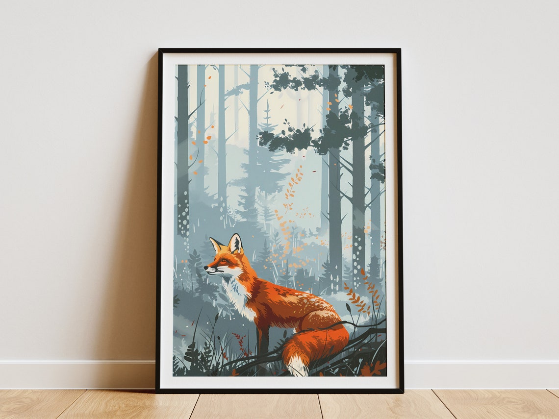 Watchful Red Fox in Misty Pine Forest Wildlife Illustration Poster