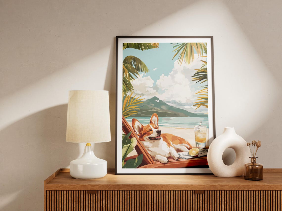 Corgi Lounging on a Beach Chair by a Tropical Volcanic Island Poster - Image 5
