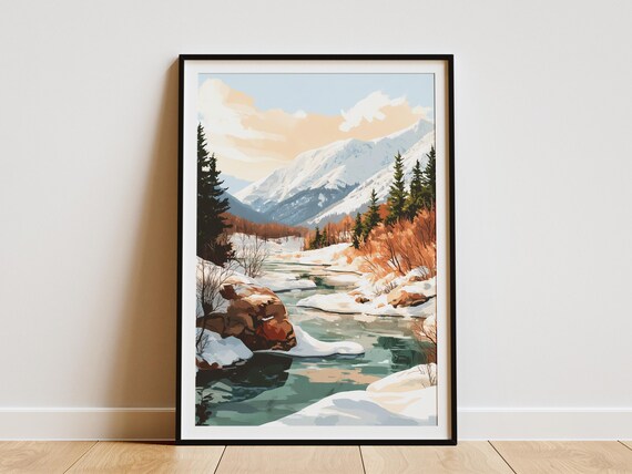 Winter River Landscape Poster Snowy Mountain Scene Frozen River Art Print Nature Wall Decor Ice River Forest Poster Winter Art Cold