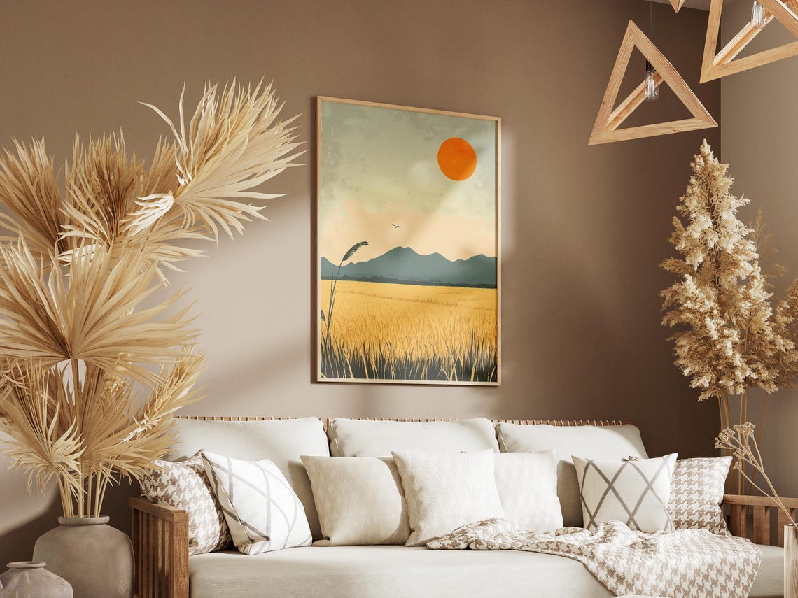 Golden Rice Field Under Orange Sun Minimalist Farm Scene Poster - Image 3