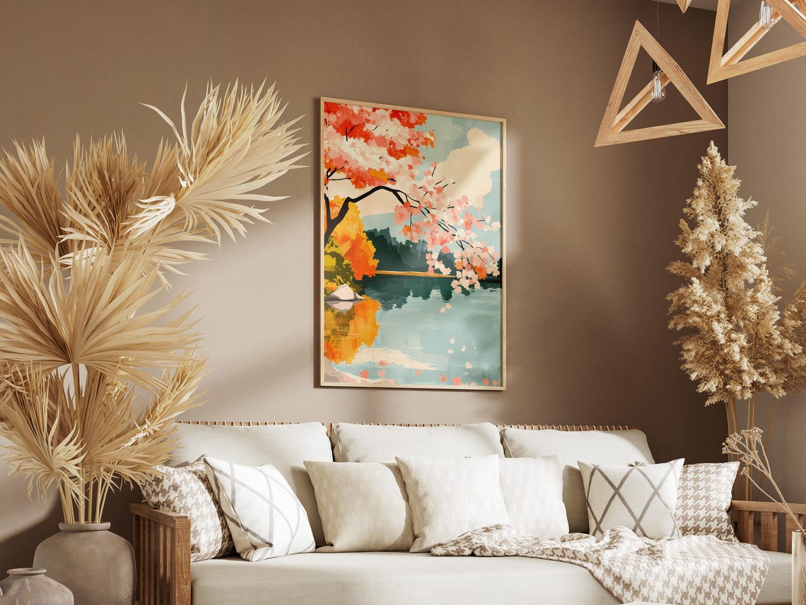 Cherry Blossom Lake Reflection Autumn Landscape Calm Water Poster - Image 3