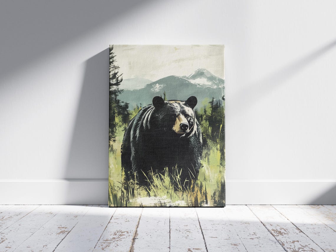 Black Bear in a Forest Clearing Mountain Landscape Art Poster - Image 2