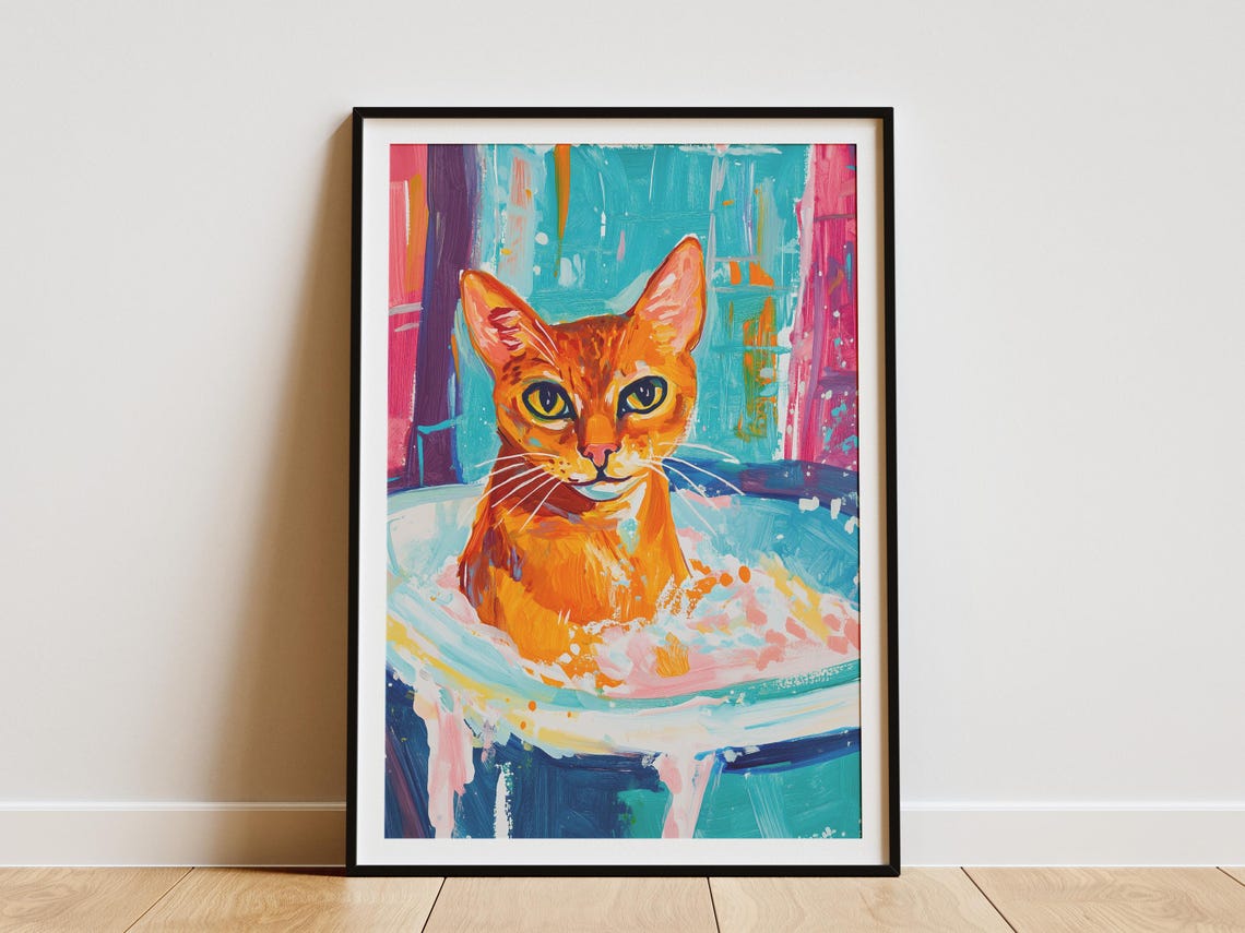 Orange Cat in a Colorful Bathtub Splash Modern Pet Art Poster
