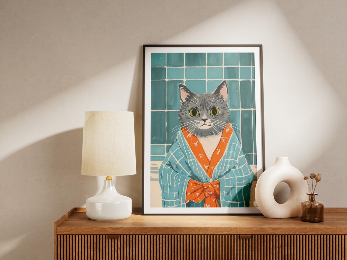Gray Cat In Blue Robe Poster Funny Whimsical Pet Art For Bathroom Decor - Image 4