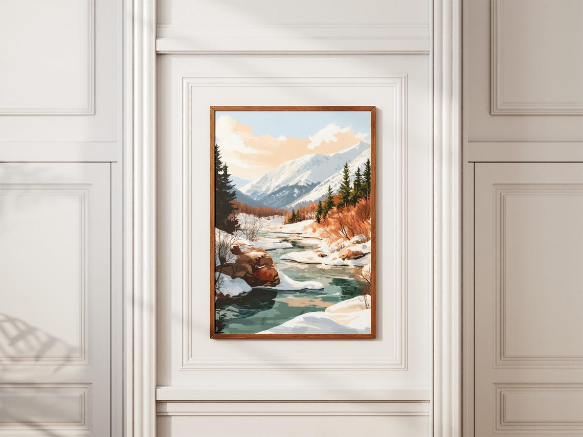 Snowy Mountain River Flowing Through a Winter Valley Landscape Poster - Image 2