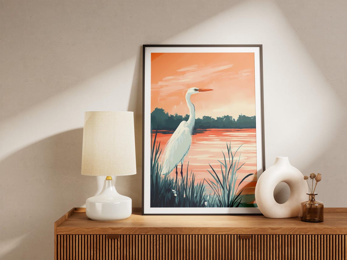 Elegant White Heron Sunset Marsh Orange Sky Wetland Bird Art Poster - Image 5