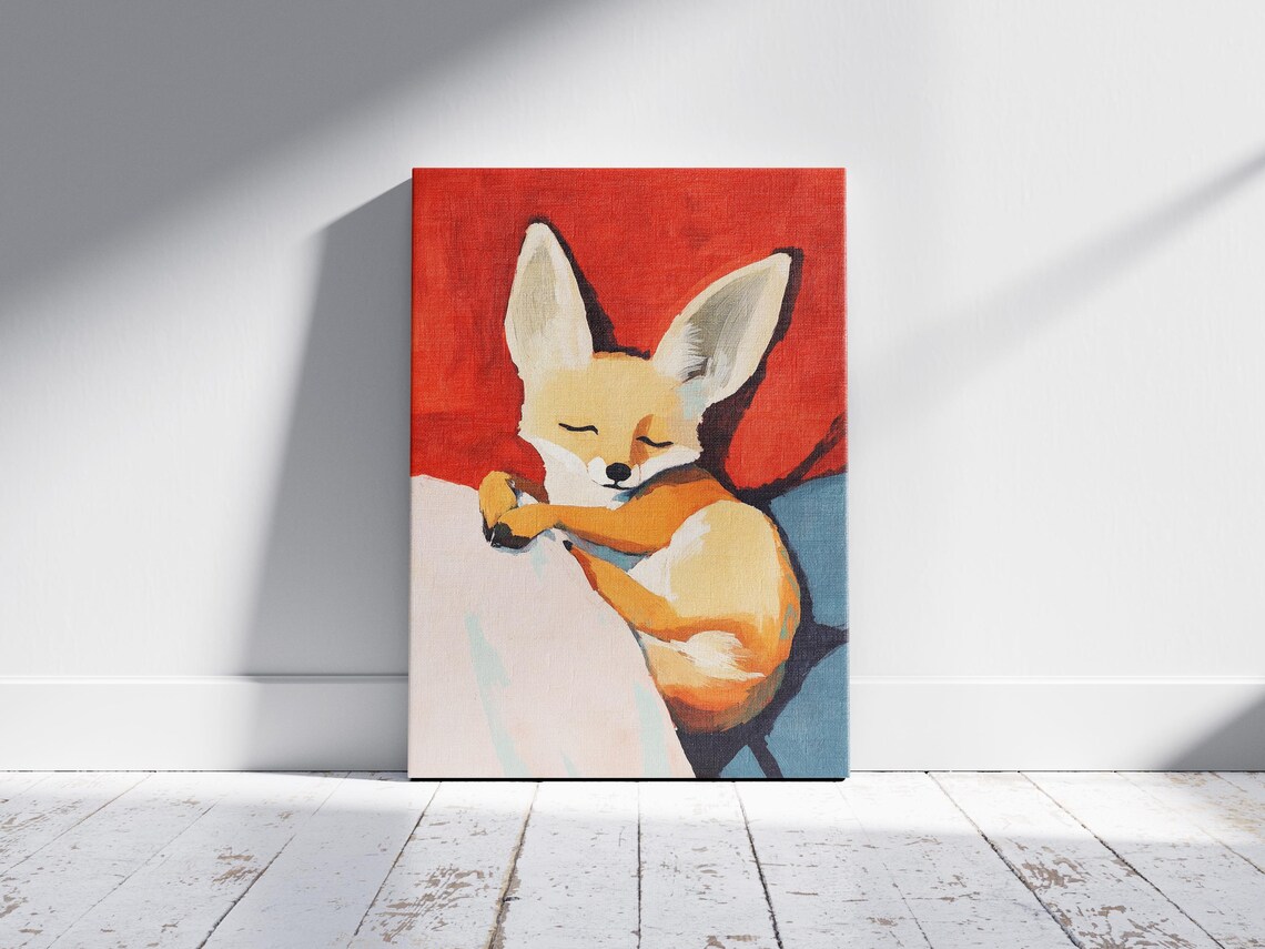 Fennec Fox Curled Up Sleeping on Cushions Against a Bold Red Art Poster - Image 2