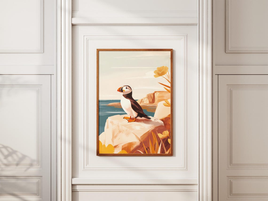 Puffin on White Cliffs with Orange Poppies Coastal Bird Poster - Image 2