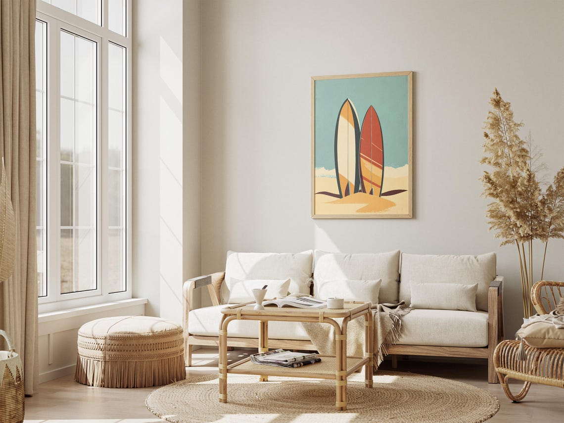 Two Colorful Surfboards Standing on Sand Minimalist Beach Poster - Image 4