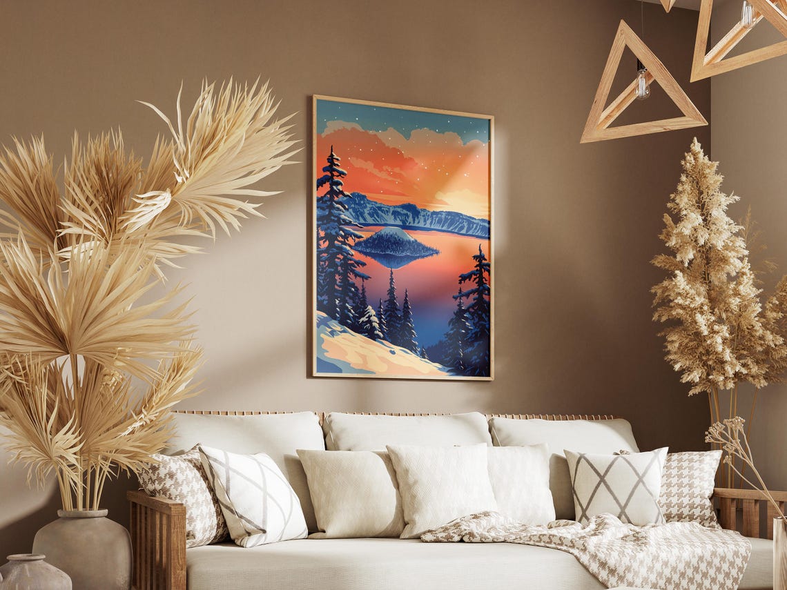 Crater Lake Oregon Sunset Over Orange Sky Snowy Pines Poster - Image 3