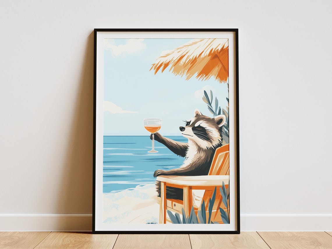 Raccoon Beach Cocktail Lounge Chair Palm Umbrella Funny Poster
