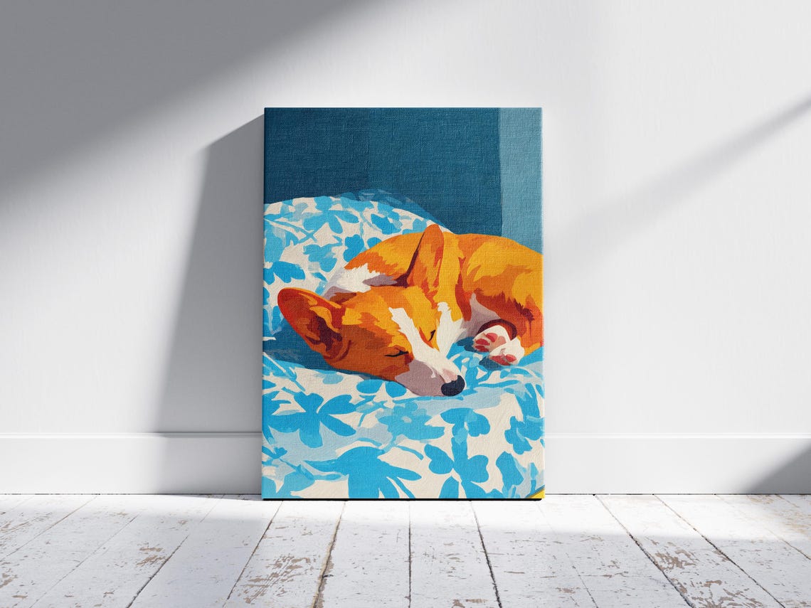 Corgi Dog Sleeping Curled on Blue Floral Bed Cozy Pet Art Poster - Image 2