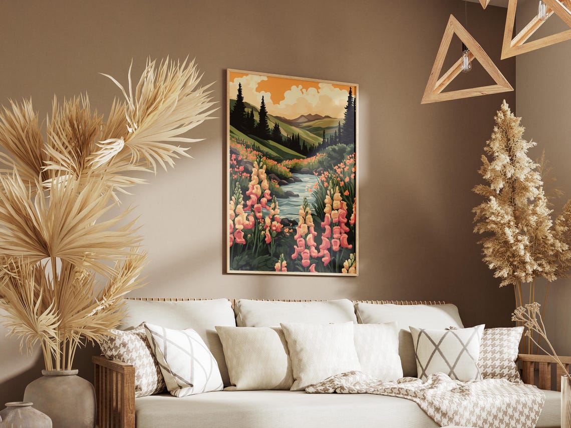 Pink Wildflower Meadow Mountain Stream Pines Landscape Poster - Image 3
