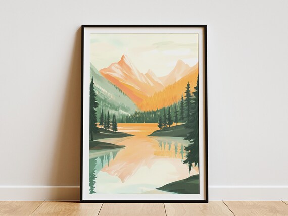 Lake Poster Mountain Lake Art Print Spring Trees Nature Wall Art Calm Lake Poster Peaceful Scenery Orange And Green Landscape Modern