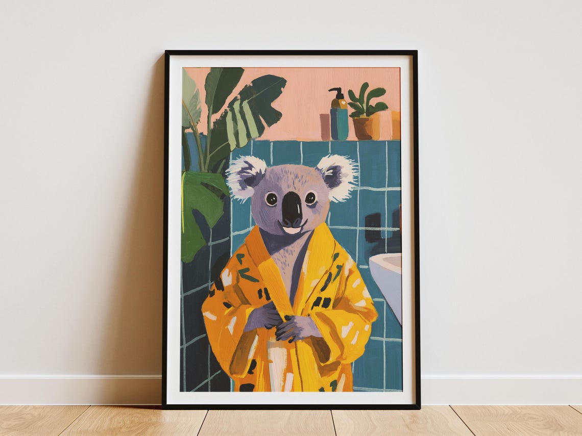 Cute Koala in Yellow Bathrobe Colorful Bathroom Humor Art Poster