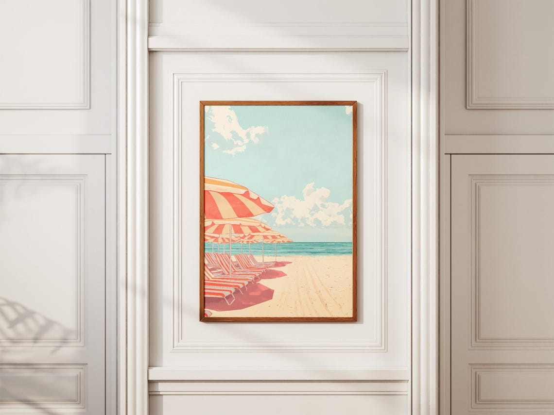 Striped Red Beach Umbrellas in a Row on a Sunny Shore Poster - Image 2