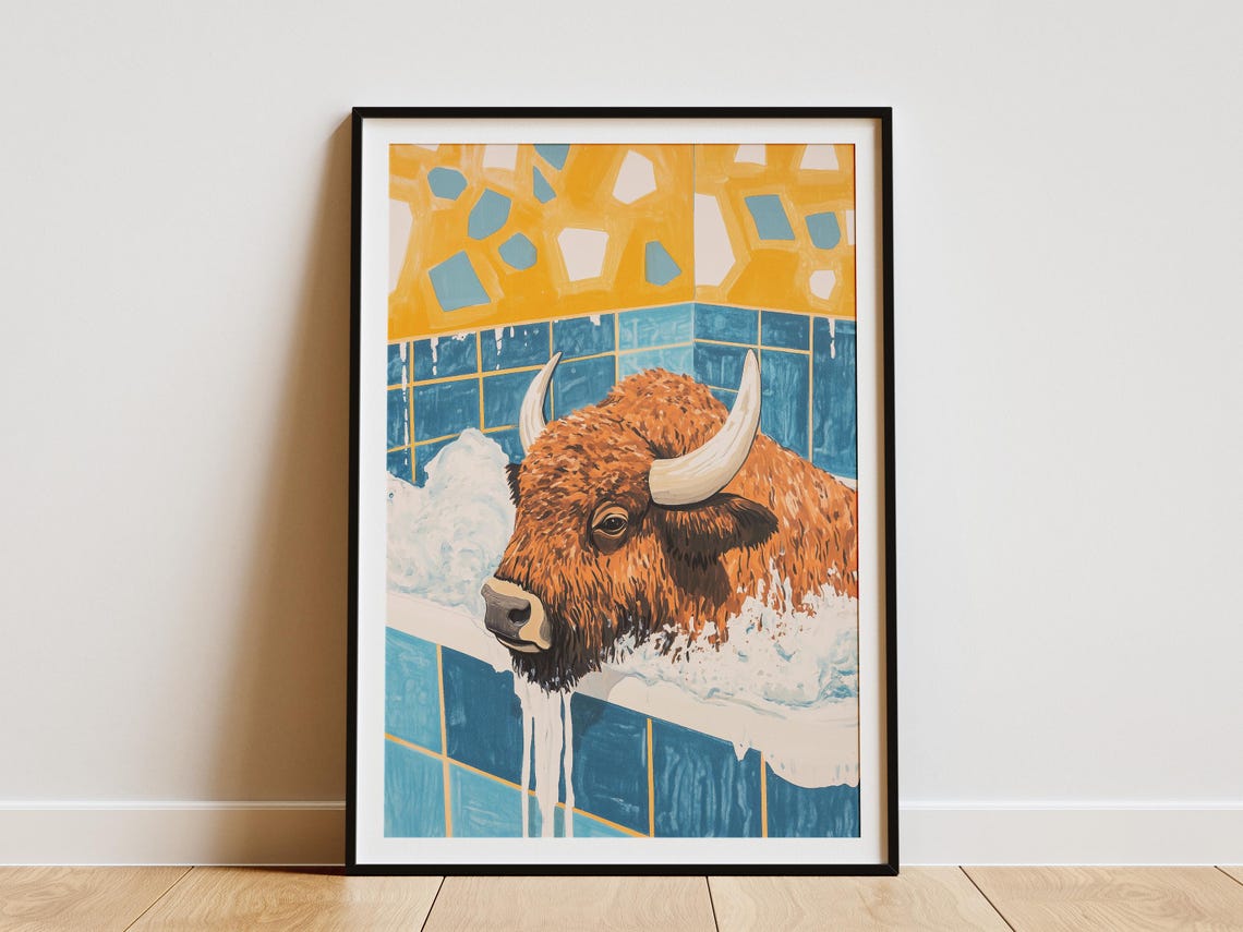Shaggy Long-Horned Bison Soaking in a Retro Bubble Bath Poster