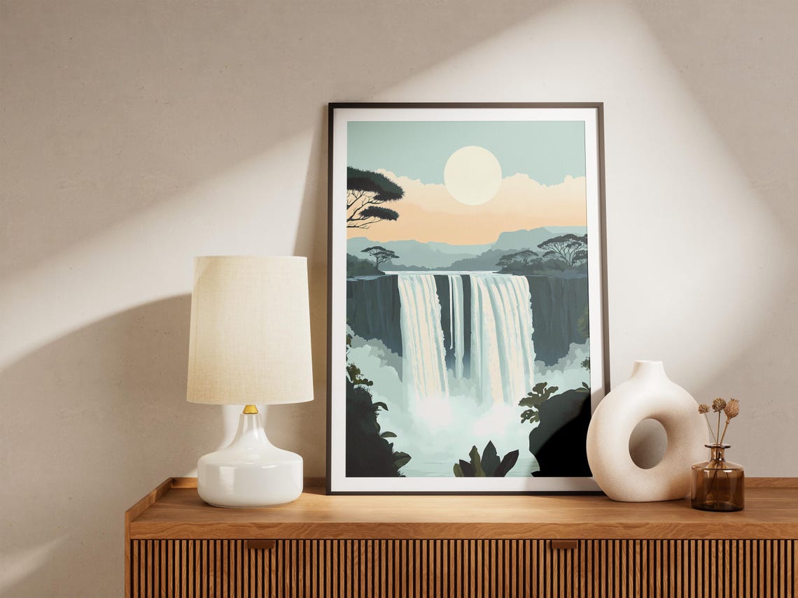 Majestic African Waterfall with Mist and Acacia Trees Poster - Image 5