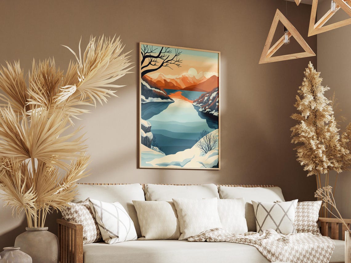 Blue Winter Lake With Snowy Shores Under Peach Sunrise Poster - Image 3