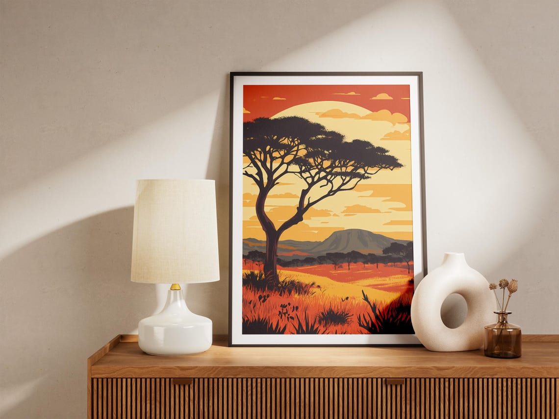 African Savanna Sunset Acacia Tree Silhouette Illustration Poster - Image 5