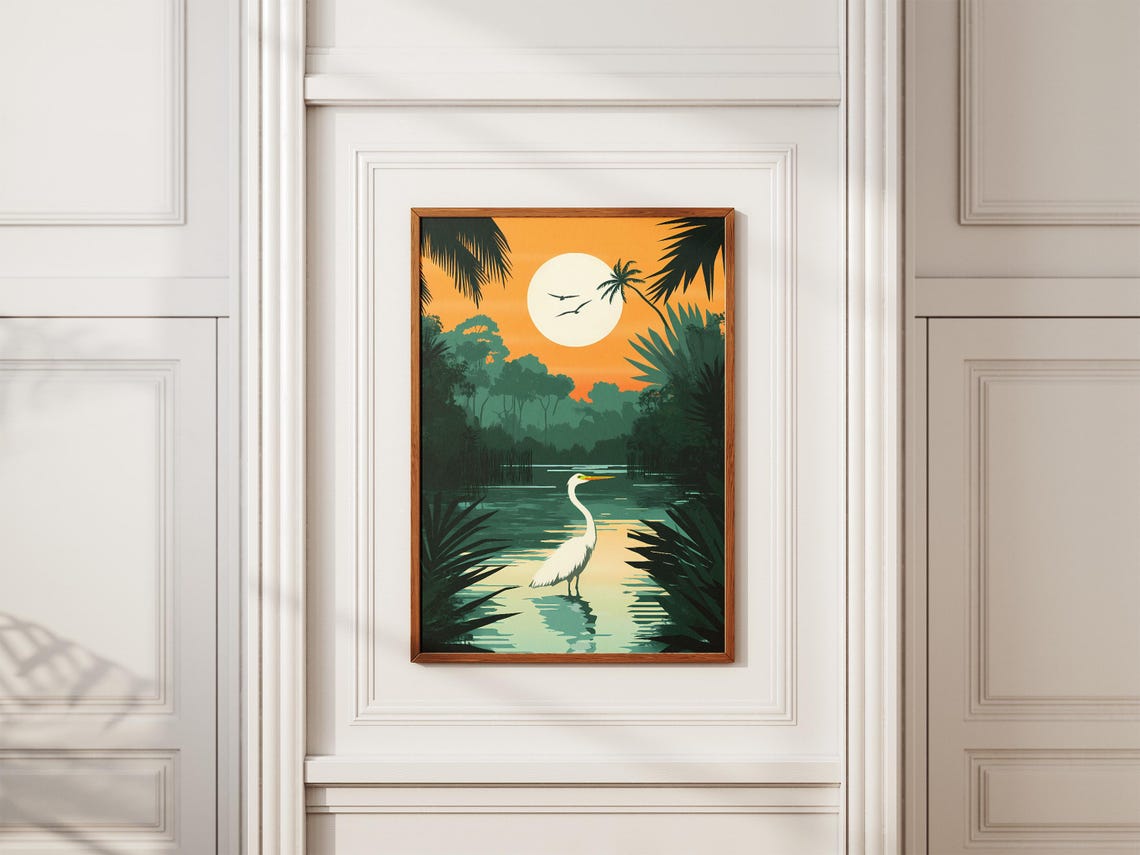 Everglades Florida Great Egret Full Moon Wetland Night Poster - Image 2