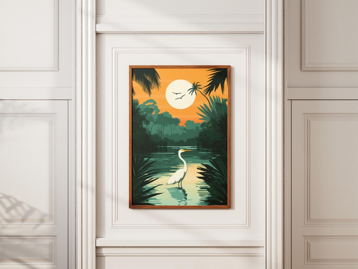 Everglades National Park Poster Florida Nature Print Retro Travel Poster Vintage Wildlife Art Bird Poster Great Egret Tropical Landscape - Image 2