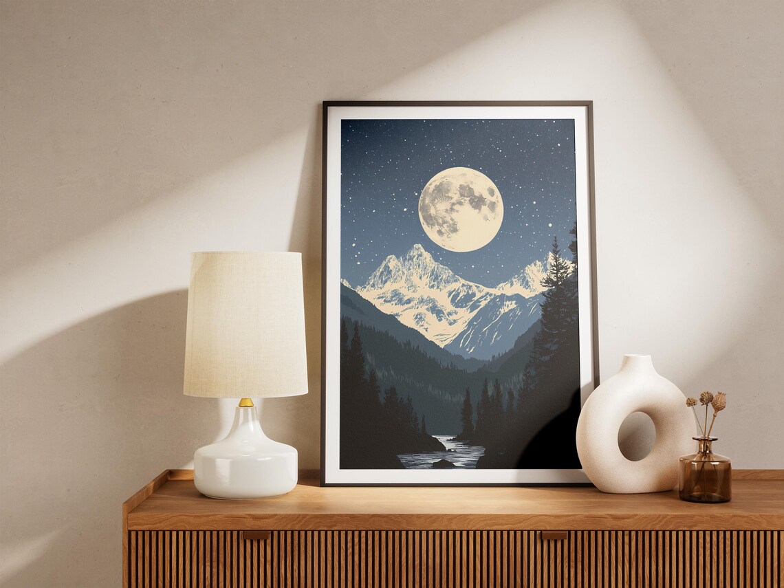 North Cascades National Park Moonlit Snow Peak Over a River Night Poster - Image 4
