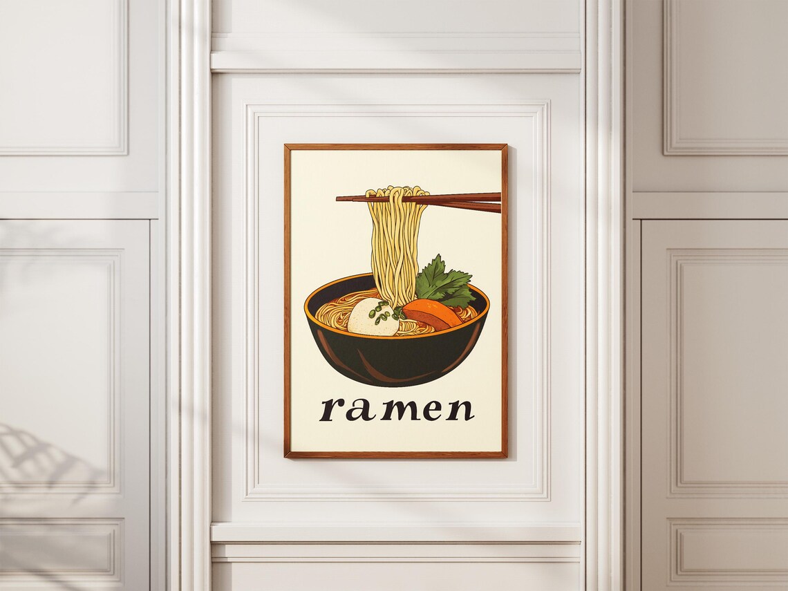 Ramen Poster Japanese Food Print Bowl Of Noodles Wall Art Asian Cuisine Illustration Flat Lay Food Illustration Kitchen Decor Instant Ramen - Image 2