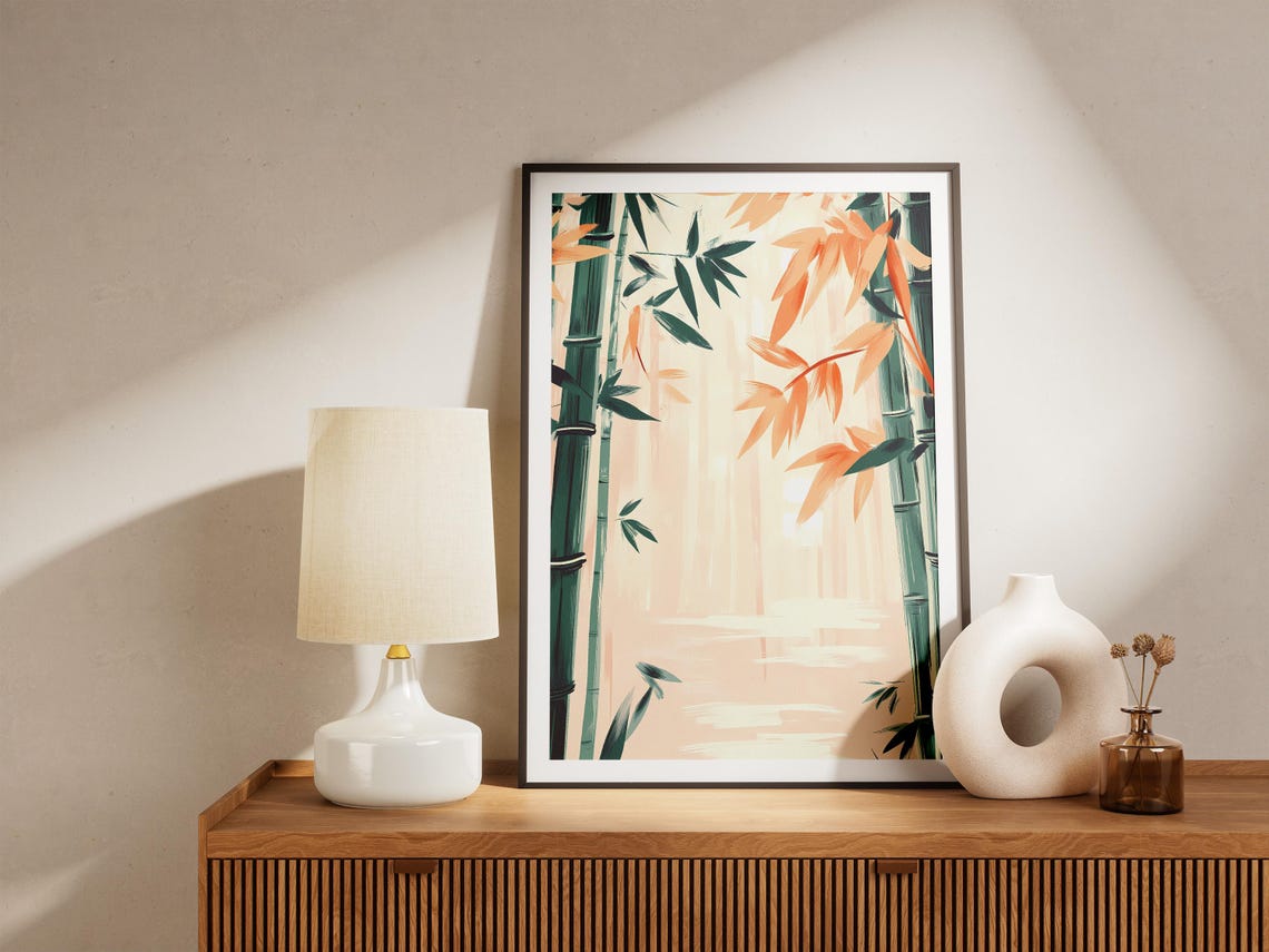 Misty Bamboo Grove With Peach Autumn Leaves Zen Garden Poster - Image 5